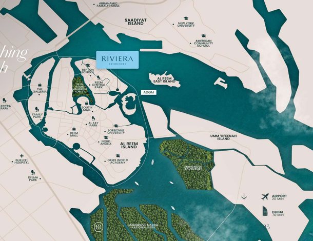 Map of Al Reem Island in Abu Dhabi with Riviera Residences marked, Saadiyat Island and the airport